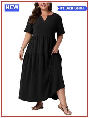 Plus Size Maxi Dress Flowy Boho V-Neck Short Sleeve with Pockets